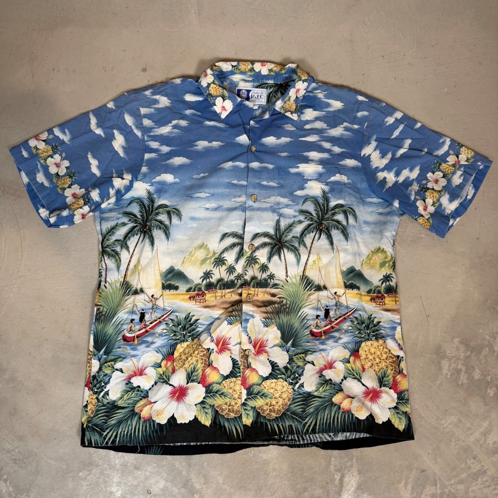 RJC Ltd Vintage Hawaiian Shirt Large Blue Tropical AOP Artwork Floral Hawaii